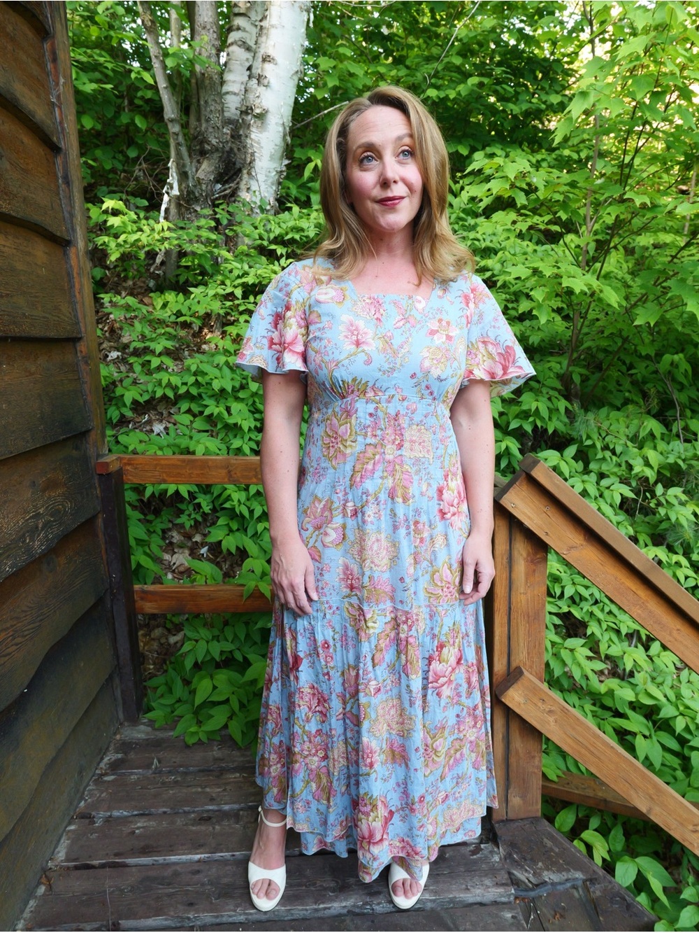 April Cornell Light Blue Floral dress with Pink and Green Blooms